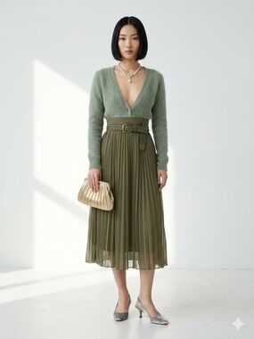 H&M SHEER Pleated Chiffon Midi Skirt – Olive Green – Size 2 (VGUC) *